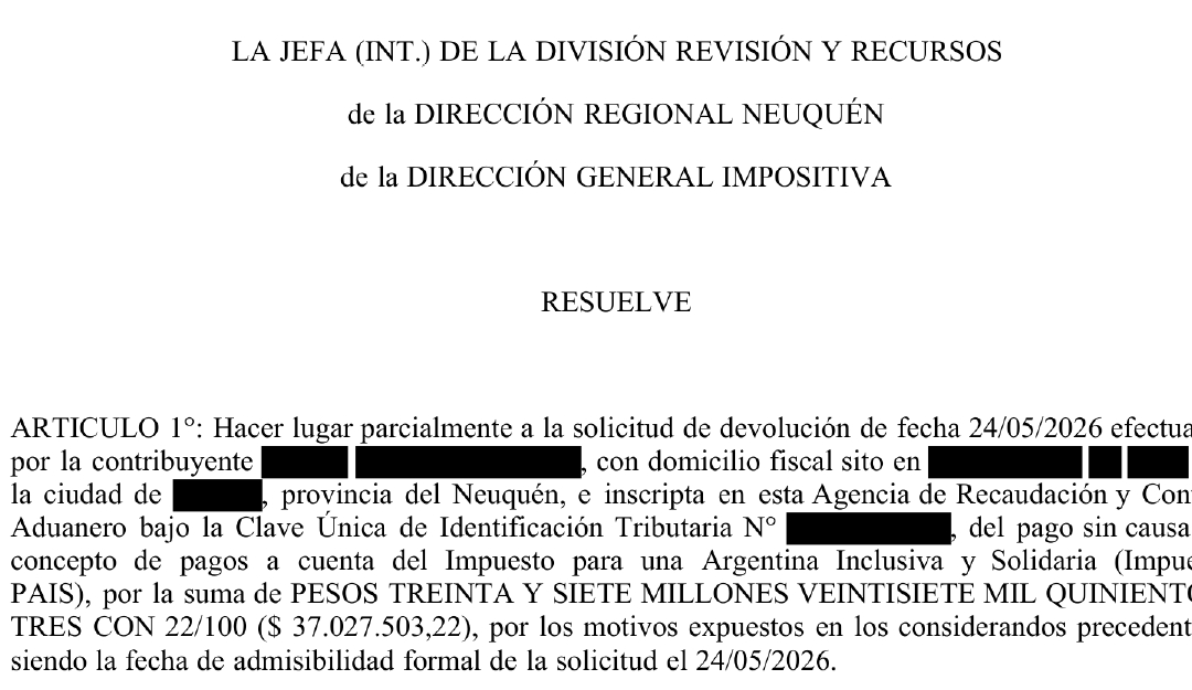 Devolución de Pagos a Cuenta de Impuesto «PAIS»